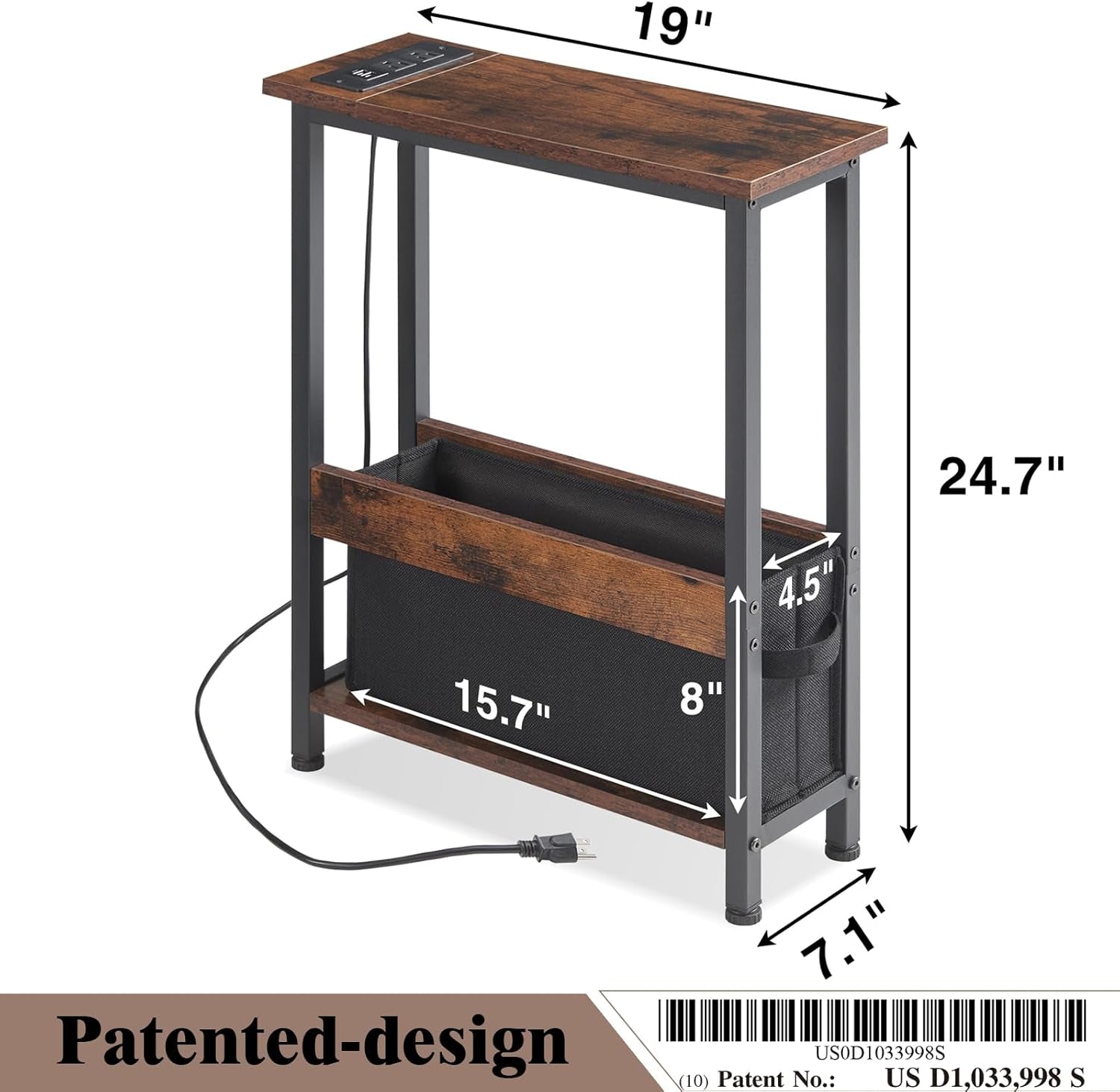 Slim Charging End Table with Storage - for Small Spaces and Bedroom
