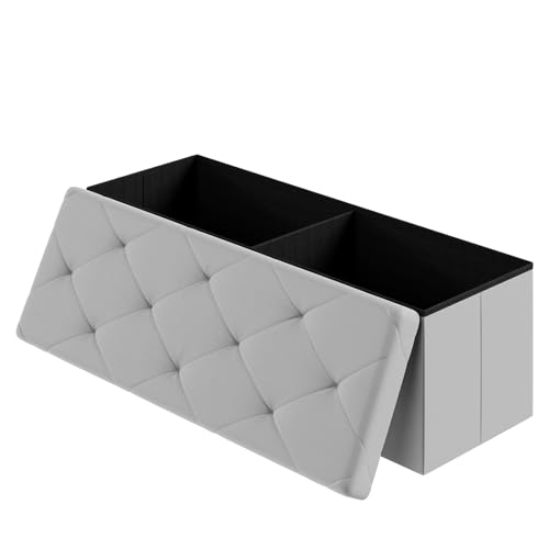 43 Inches Folding Ottoman with Storage Bench, Foot Rest Stool, End of Bed Storage Bench Upholstered, Load 660 lbs, for Living Room, Synthetic Leather, Grey