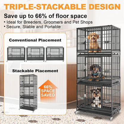 Three Tiers 37 Inch Dog Crate, Escape Proof Dog Cage Kennel Indoor with Top Access and Lockable Wheels, Removable Tray, Heavy Duty Dog Crates for Medium/Small Dogs