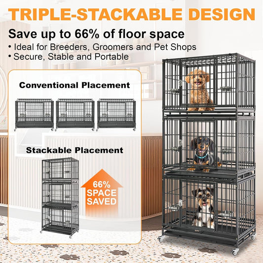 Three Tiers 37 Inch Dog Crate, Escape Proof Dog Cage Kennel Indoor with Top Access and Lockable Wheels, Removable Tray, Heavy Duty Dog Crates for Medium/Small Dogs