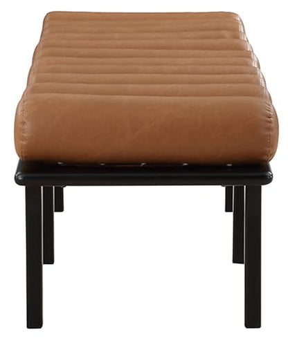 Meridian Furniture 22008Cognac Landon Collection Art Deco Bench with Soft Vintage Cognac Vegan Leather and Solid Wood with Black Finish, 60.5" W x 19.5" D x 18.5" H, Cognac