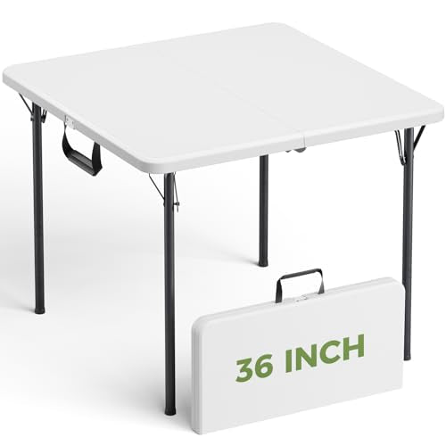 Folding Table, 36 Inch Square Foldable Card Table with Carrying Handle, Heavy Duty Fold-in-Half Portable Table No Assembly, Ideal for Picnic, Camping, RV Travel, Parties, BBQs, Crafting and Indoor Use