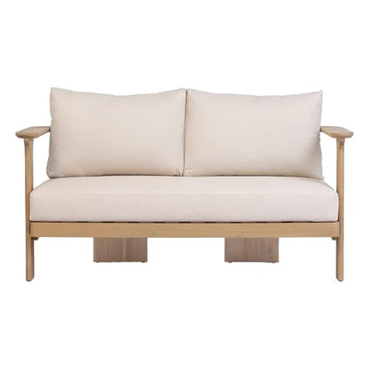 Kera Acacia Wood Outdoor Loveseat and Coffee Table Set, 2 Piece Patio Furniture Set with Water-Repellent Cushion, Solid Wood Outdoor Conversation Set, Beige+Brown