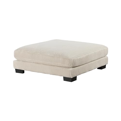 45 Inch Ottoman, Attached Seat Cushion in Beige Corduroy Fabric, Wood