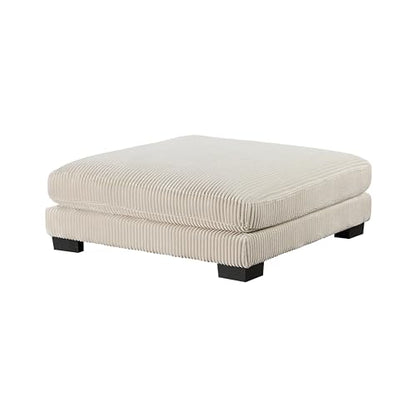 45 Inch Ottoman, Attached Seat Cushion in Beige Corduroy Fabric, Wood