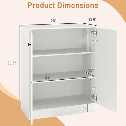 2-Door Storage Cabinet, Modern Floor Cabinet with 3-Tier Shelf, Freestanding Side Cabinet with Anti-Toppling Device, Storage Organizer for Living Room, Kitchen, Dining Room, Entryway (White)