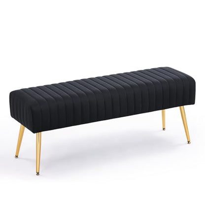 44 Inch Bedroom Ottoman Bench, Black Upholstered End of Bed Bench with Gold Legs for Living Room Bedroom Dinning Room Entryway, Black