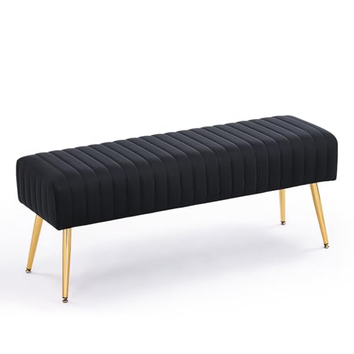 44 Inch Bedroom Ottoman Bench, Black Upholstered End of Bed Bench with Gold Legs for Living Room Bedroom Dinning Room Entryway, Black