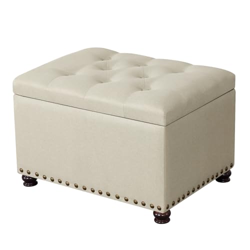 Ottoman with Storage,24" Fabric Ottoman Foot Rest with Hinged Lid Small Rectangle Upholstered Button Tufted Foot Stools Ottomans for Bedroom Living Room Entryway,Beige