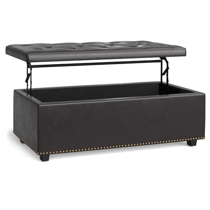 Hamilton 44 inch Wide Traditional Rectangle Lift Top Rectangular Storage Ottoman in Tanners Brown Vegan Faux Leather, Assembled, For the Living Room, Entryway and Family Room