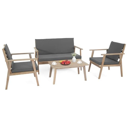Outdoor Patio Furniture, 4 Piece Acacia Wood Sofa Set w/Coffee Table, Patio Table and Chairs Set for Deck, Balcony, Backyard (Light Natural)