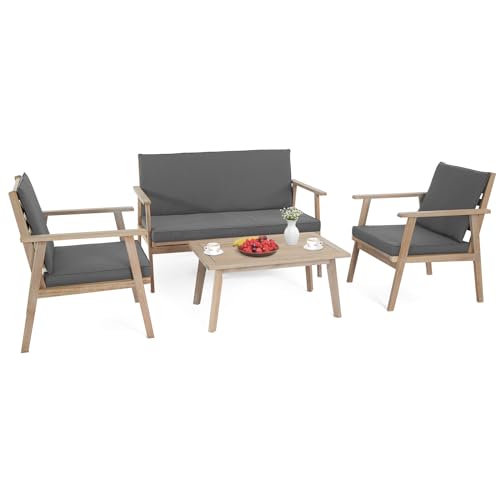 Light natural four piece acacia wood patio sofa set with coffee table, view 2