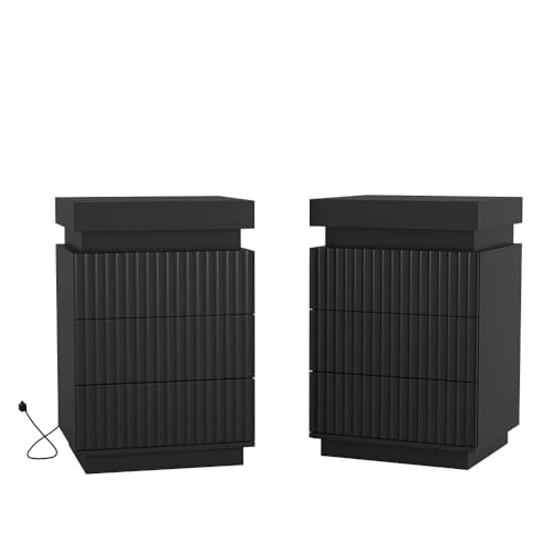 (Set of 2) End Table with Fast USB C Charging Station, Sofa Side Table with 2 Drawers and LED Lights, Large Storage Modern Wood Storage Cabinet for Living Room,Bedroom,Office, Black