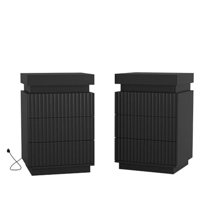 (Set of 2) End Table with Fast USB C Charging Station, Sofa Side Table with 2 Drawers and LED Lights, Large Storage Modern Wood Storage Cabinet for Living Room,Bedroom,Office, Black