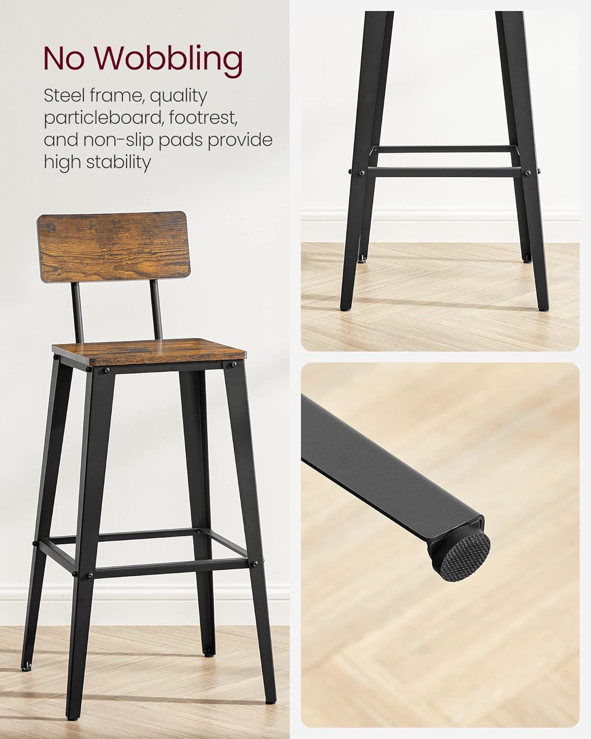 Set of 4 Bar Stools, Bar Height Stools, 29.1 Inches Tall Barstools with Back, Counter Bar Chairs for Kitchen Island, Steel Frame, Industrial Style, Easy Assembly, Rustic Brown and Ink Black