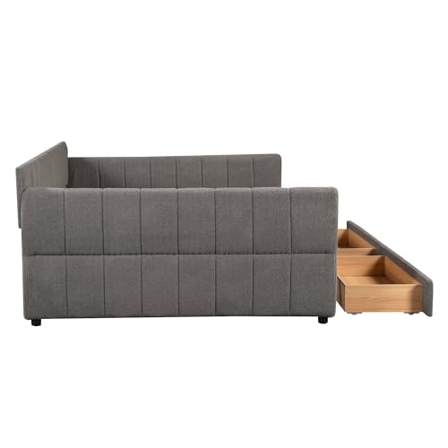 Queen Size Upholstered Daybed Sofa Bed with 2 Drawers, Lambswool Upholstered Platform Bed with USB for Bedroom Living Room Guest Room (Gray-@045)