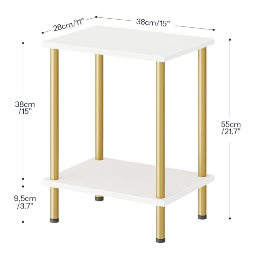 End Tables Set of 2, Small Side Table, Nightstand with 2-Layer Storage Shelves, Sofa Table for Small Spaces, Living Room, Bedroom, Stable Frame, Easy Assembly, White and Gold DW09BZP201