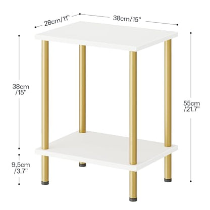 End Tables Set of 2, Small Side Table, Nightstand with 2-Layer Storage Shelves, Sofa Table for Small Spaces, Living Room, Bedroom, Stable Frame, Easy Assembly, White and Gold DW09BZP201