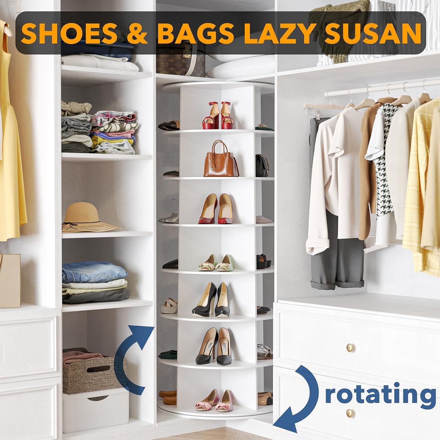 7 Tier Rotating Shoe Rack Tower, Spinning Shoe Display Lazy Susan, Revolving 360 Shoe Rack Storage round Carousel, Vertical Handbag Rotate Shoes Closet Organization (7-Tier White)