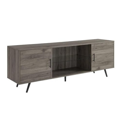 Saxon Mid Century Modern 2 Door Glass Shelf TV Stand for TVs up to 80 Inches, 70 Inch, Grey