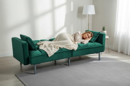 Regal 75.6" Velvet Convertible Sofa Bed - Mid-Century Sleeper Couch w/Tufted Design & Metal Legs - Pull-Out Futon for Guests/Home (75.6" W x 34.6" D x 32" H), Green