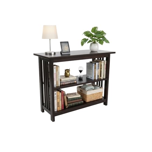 Mission 3-Tier Under Window Bookshelf with Adjustable Middle Shelf and Vertical Slat Side Panels – Space Saving Bookcase for Office, Living Room, or Bedroom (Espresso)