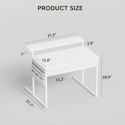 Small desk with Drawers, 31.5X15.8-22.9 Inches Office Computer Desk with Side Pocket & Ergonomic Adjustable Monitor Stand, Writing Table for Small Spaces, Kids desk, vanity desk Bedroom, White