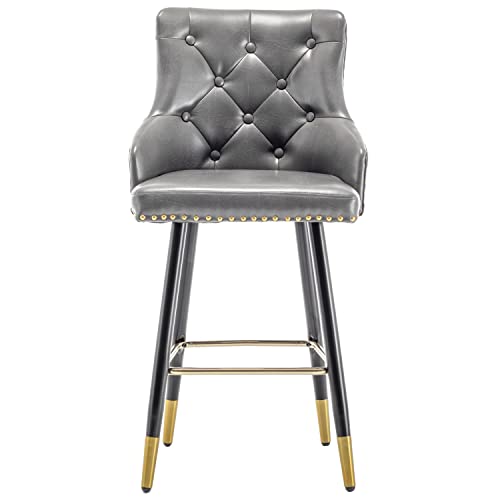 Set of 2 Premium upholstered Dining 26" High Back Stool Bar Chairs, Gray PU Leather Tufted Gold Nail Head Trim, (2)