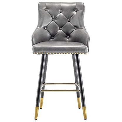 Set of 2 Premium upholstered Dining 26" High Back Stool Bar Chairs, Gray PU Leather Tufted Gold Nail Head Trim, (2)
