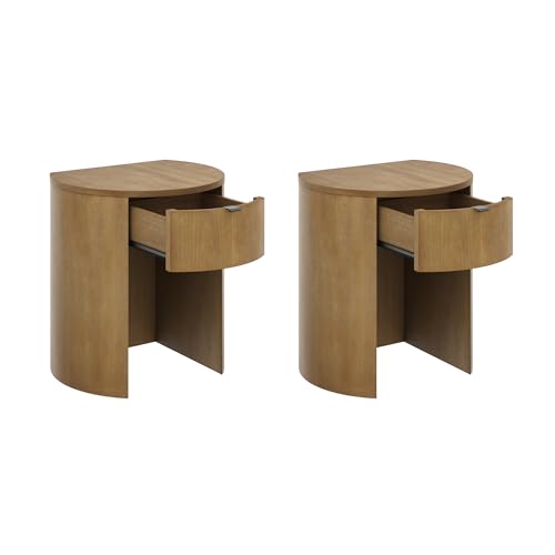 Nathan James Shay Solid Wood Nightstand, Modern Bedside Table with Drawer, Contemporary Rounded Nightstand Table for Bedroom, Light Brown Set of 2