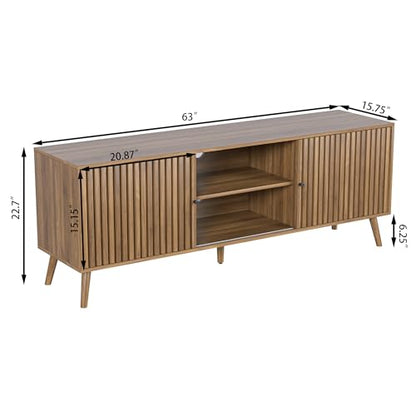 Mid Century Modern TV Stand for Televisions up to 70 Inches, with Sliding Doors and Storage, Television Stands, TV Consoles, Media Consoles for Living Room, 63 Inch (Walnut)