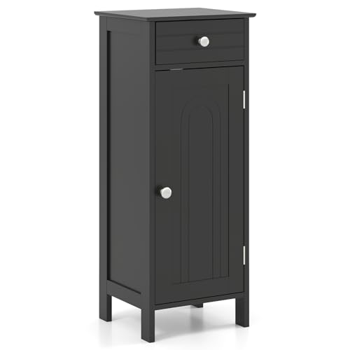 Bathroom Floor Cabinet, Free-Standing Single Door Storage Cabinet with Drawer & 2 Adjustable Shelves, Wooden 14”L Narrow Side Storage Organizer for Small Spaces, Living Room, Kitchen (Black)