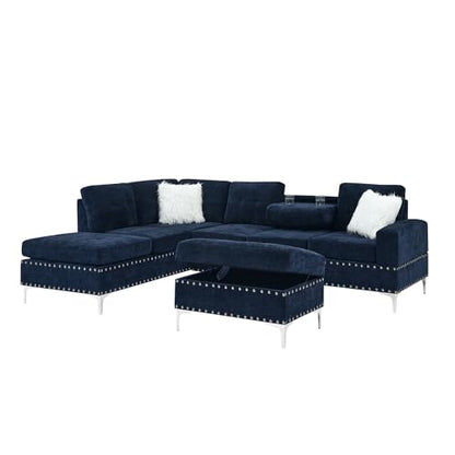 108'' Sectional Couches for Living Room, Modular 5-Seater Couch Sofa with Reversible Chaise & Cup Holders, L-Shaped Corner Sofa with Storage Ottoman for Apartment Office (Chenille, Navy Blue)