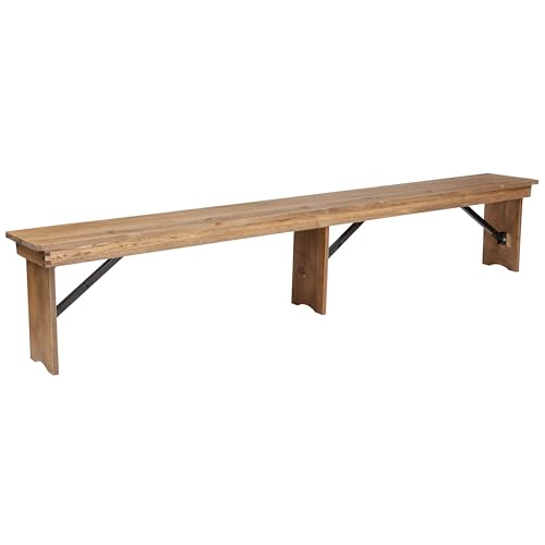 Hercules Series 8' x 12' Commercial Grade Rustic Solid Pine Folding Bench, Antique Farmhouse 3 Leg Dining Bench, Seats up to 4 Adults | Foldable Locking Legs