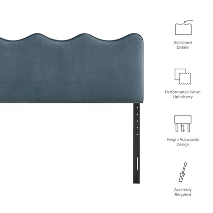 Monday Athena Queen Size Performance Velvet Adjustable Headboard in Cadet Blue - with Scalloped Wave Design and Stain-Resistant Velvet Upholstery