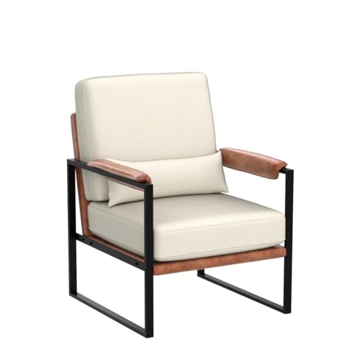 Mid-Century Accent Chair, Padded Arms, Beige | Metal Frame, Linen Fabric, Thick Cushions, Lumbar Pillow Included, Lounge Chair for Living Room, Bedroom, Balcony, Study