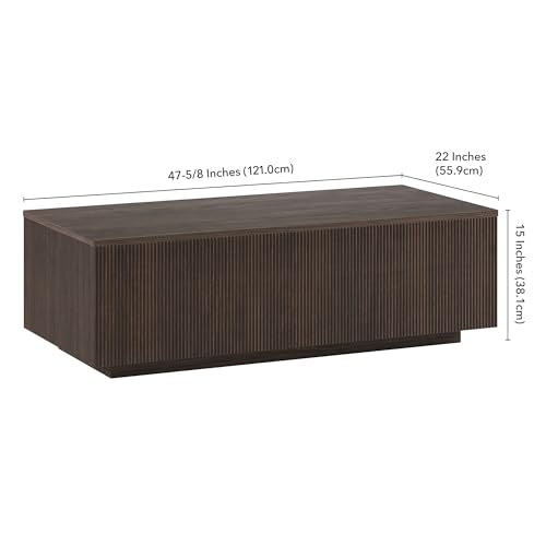 48" Fluted Rectangular Low-Profile Coffee Table with Ribbed Base for Living Room, Family Room, or Office, Rich Brown