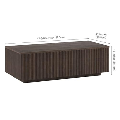 48" Fluted Rectangular Low-Profile Coffee Table with Ribbed Base for Living Room, Family Room, or Office, Rich Brown