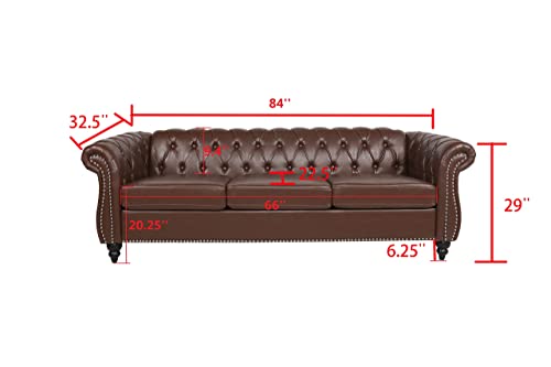 Chesterfield Sofa, Classic Tufted Upholstered Leather Couch, Modern 3 Seater Couch Furniture with Tufted Back for Living Room Office (Dark Brown)