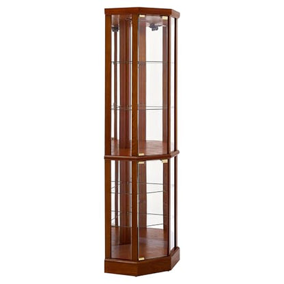 6 Shelf Lighted Corner Curio Cabinet with Adjustable Tempered Glass Shelves and Mirror Back, Oak(E26 Light Bulb not Included)
