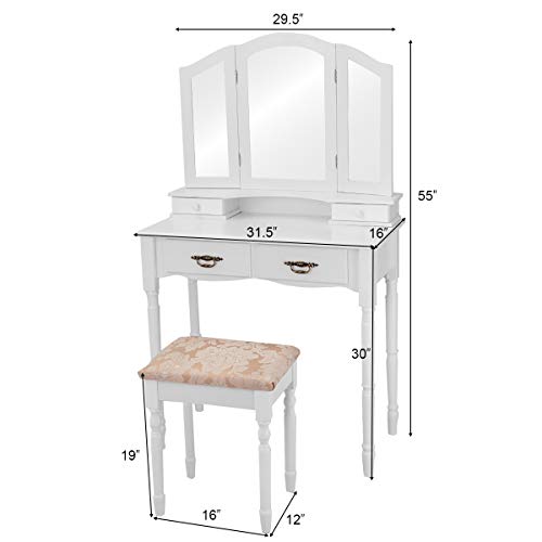 Vanity Set Makeup Table with Stool, Dressing Tables with 4 Drawers, Tri-Folding Mirror, Large Mirrored Room Vanity Desk for Bedroom Bathroom Padded Seat Chair Vanities, White