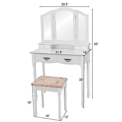 Vanity Set Makeup Table with Stool, Dressing Tables with 4 Drawers, Tri-Folding Mirror, Large Mirrored Room Vanity Desk for Bedroom Bathroom Padded Seat Chair Vanities, White