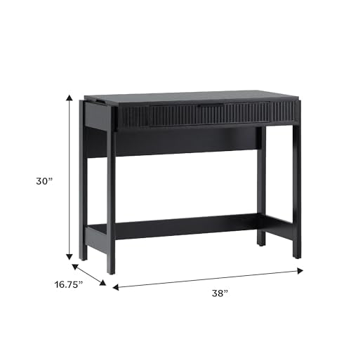 Transitional Style Furniture, Reeded Detail, Lift-Top Desk with Drawer and Storage Cubby, Sitting to Standing Desk, Soft Self-Close Desktop, 38 Inch, Black