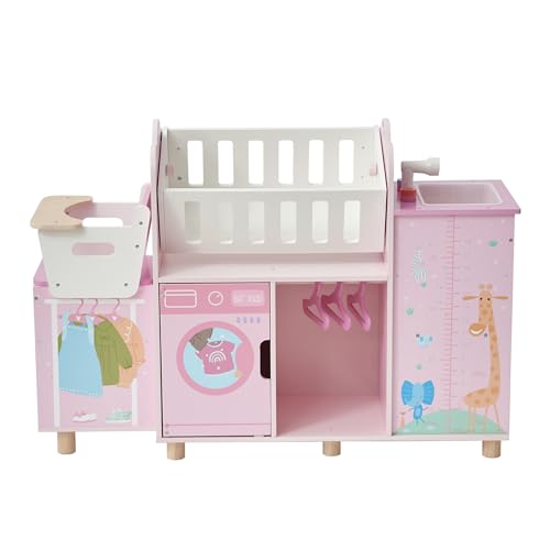 Olivia's Little World Amanda 6-in-1 Wooden Doll Nursery Station, Pink/Multi | Rocking Cradle, High Chair, Storage, Washing Machine and Sink, For 3 yrs and up