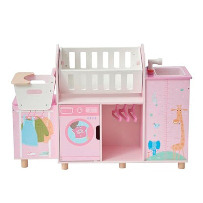 Olivia's Little World Amanda 6-in-1 Wooden Doll Nursery Station, Pink/Multi | Rocking Cradle, High Chair, Storage, Washing Machine and Sink, For 3 yrs and up