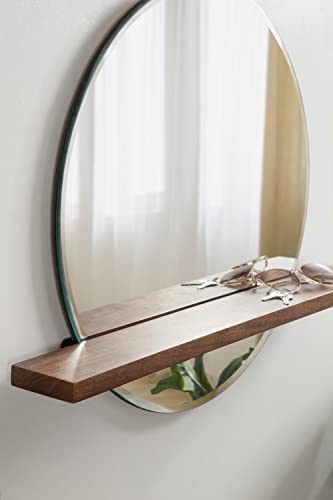 Fossett Frameless Round Wall Mirror, 24 Inch Diameter, Walnut Brown, Decorative Functional Mirror with Shelf for Storage and Display