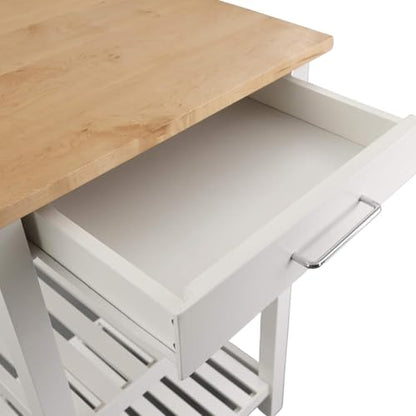 Sunrise Small Kitchen Island Natural White Solid Hardwood Top Compact Rolling Cart Storage Shelves Drawer Durable Stylish Space Saving Modern Prep Station Functional Narrow Kitchen Furniture