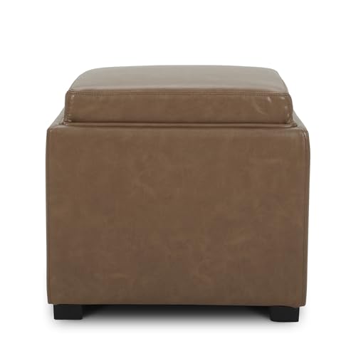 CHITA Storage Ottoman Cube with Tray Lid, Small Footstool with Storage, Square End Table for Living Room and Bedroom, Faux Leather in Saddle Brown