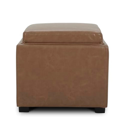 CHITA Storage Ottoman Cube with Tray Lid, Small Footstool with Storage, Square End Table for Living Room and Bedroom, Faux Leather in Saddle Brown