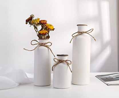 Modern Farmhouse Decor - Set of 3 White Vases, Decorative Centerpiece Accent, Ceramic Tabletop Decor for Farmhouse Living Room